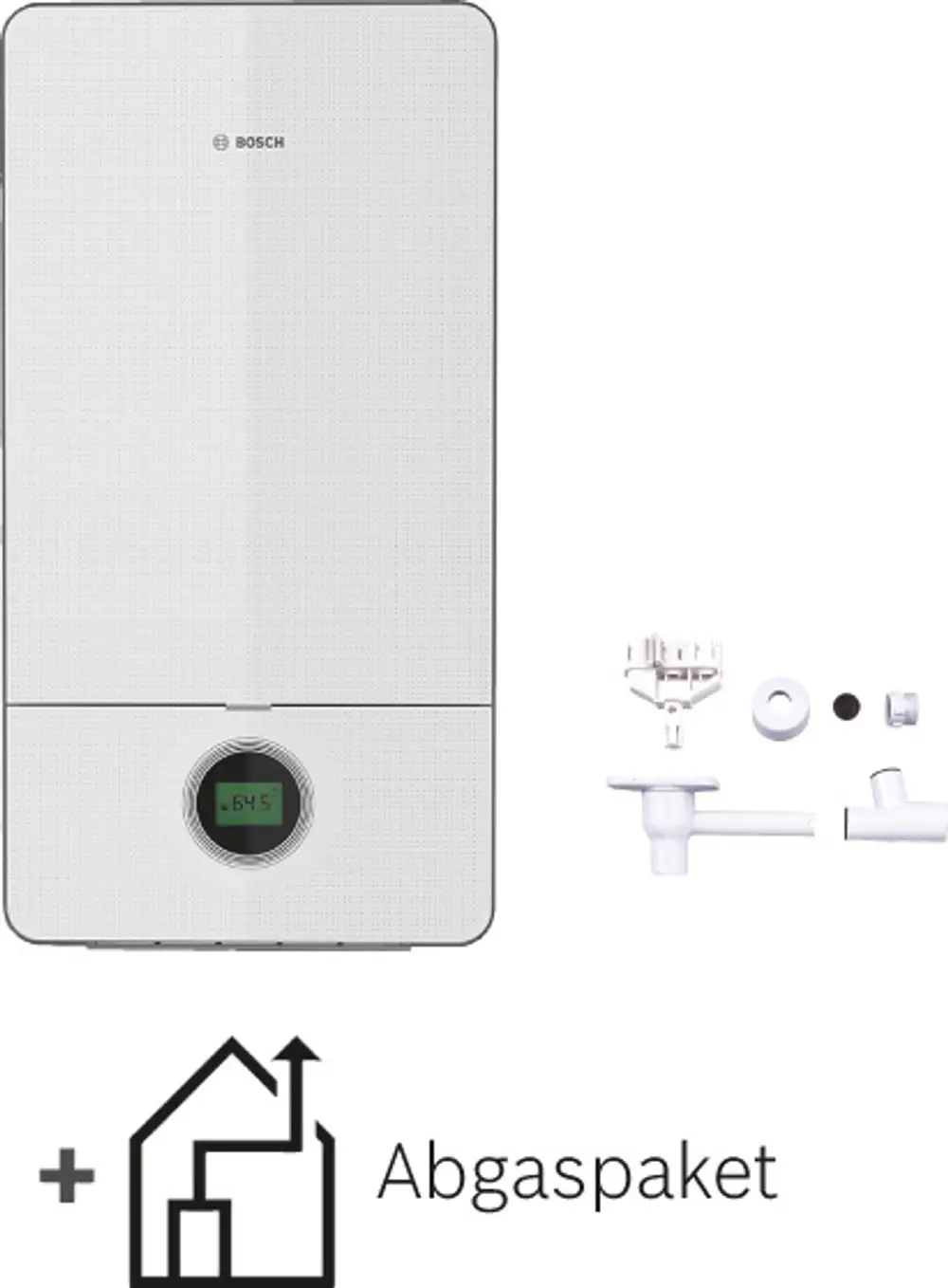 Bosch-Gasgerät in Weiß mit digitalem Display. Neben dem Gerät liegen verschiedene Komponenten für die Installation. Im Bild sind ein Abgasanschluss und Zubehörteile sichtbar.
